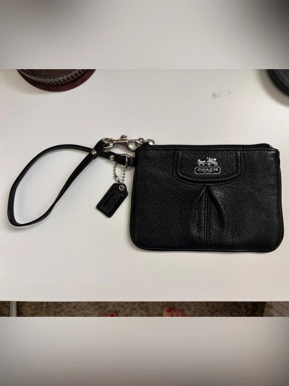Coach Black Leather Zip Wristlet with Silver Hardware